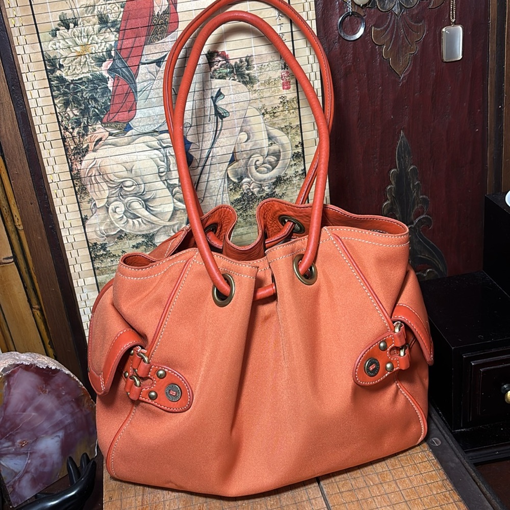 Cole Haan Bag Orange Nylon w Leather Trim Cinched Top Bucket VGUC 11”x8”x4”